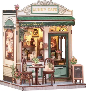 Cutefun Book Nook Kit - DIY Miniature House Kit for Adults and Teens, 3D Wooden Puzzle Mini House Building Kit with LED, Dollhouse Kit Bookshelf Insert Decor Creative Gifts (Sunny Cafe)