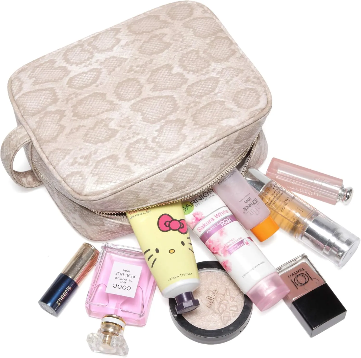Daisy Rose Cosmetic Toiletry Bag | PU Vegan Leather Travel Bag - Cream Snake
