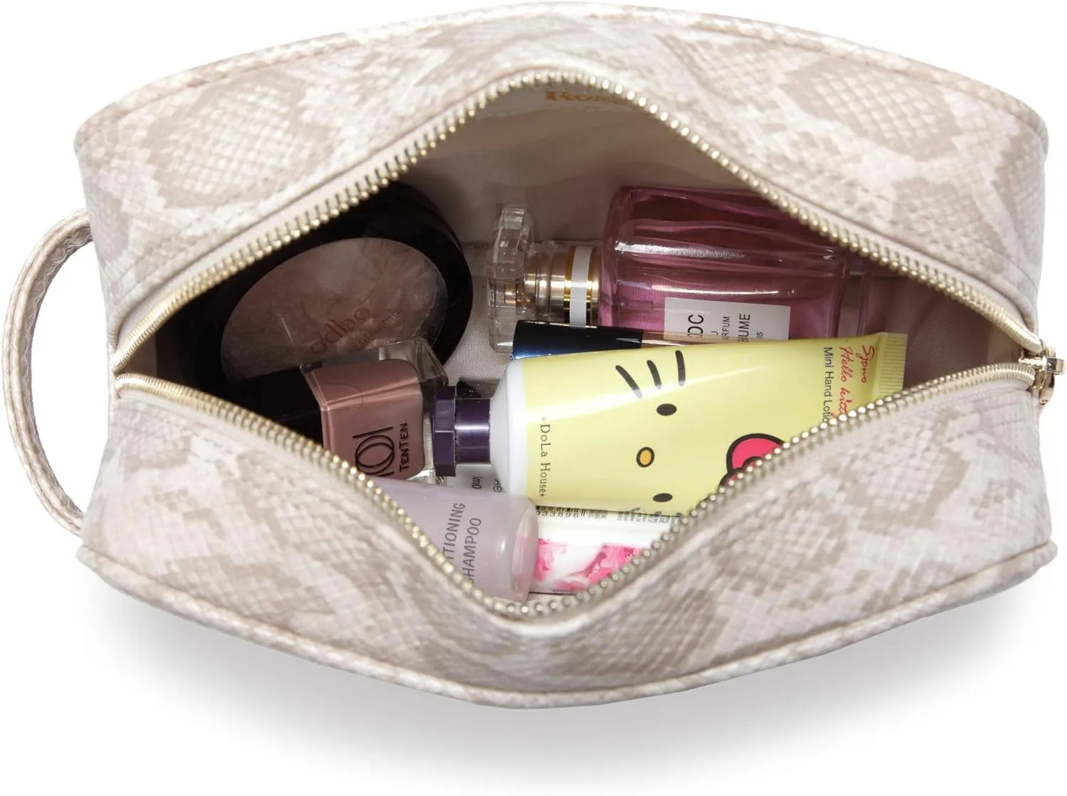 Daisy Rose Cosmetic Toiletry Bag | PU Vegan Leather Travel Bag - Cream Snake