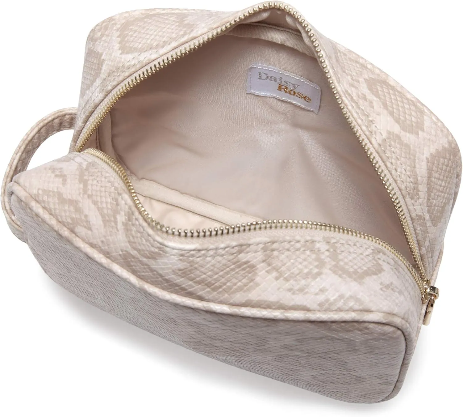 Daisy Rose Cosmetic Toiletry Bag | PU Vegan Leather Travel Bag - Cream Snake