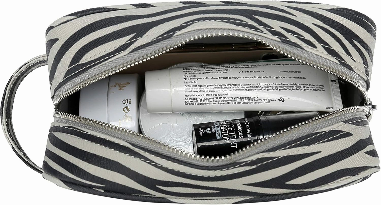 Daisy Rose Cosmetic Toiletry Bag | PU Vegan Leather Travel Bag - Grey Zebra