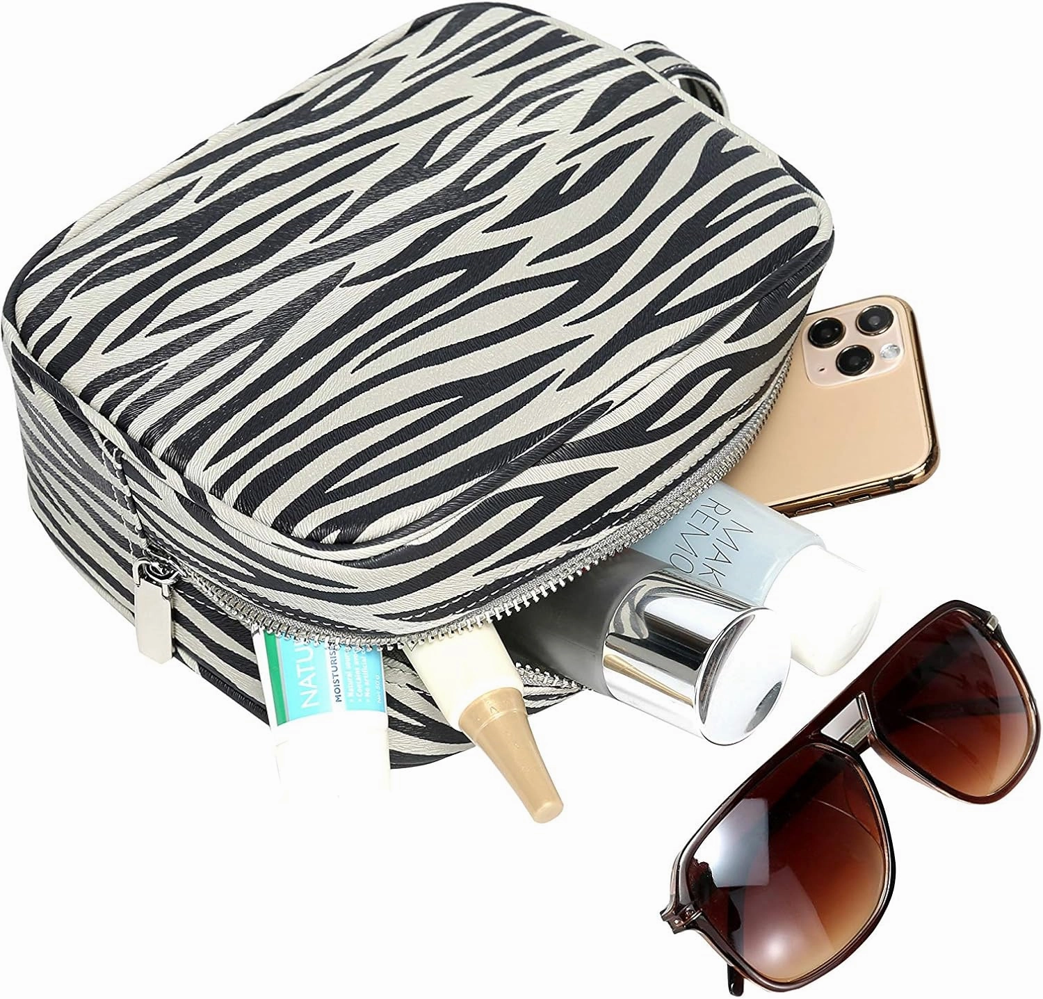 Daisy Rose Cosmetic Toiletry Bag | PU Vegan Leather Travel Bag - Grey Zebra