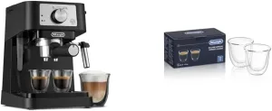 De'Longhi Manual Espresso Machine with 15 Bar Pump, Milk Frother, and 2 Thermo Espresso Glasses