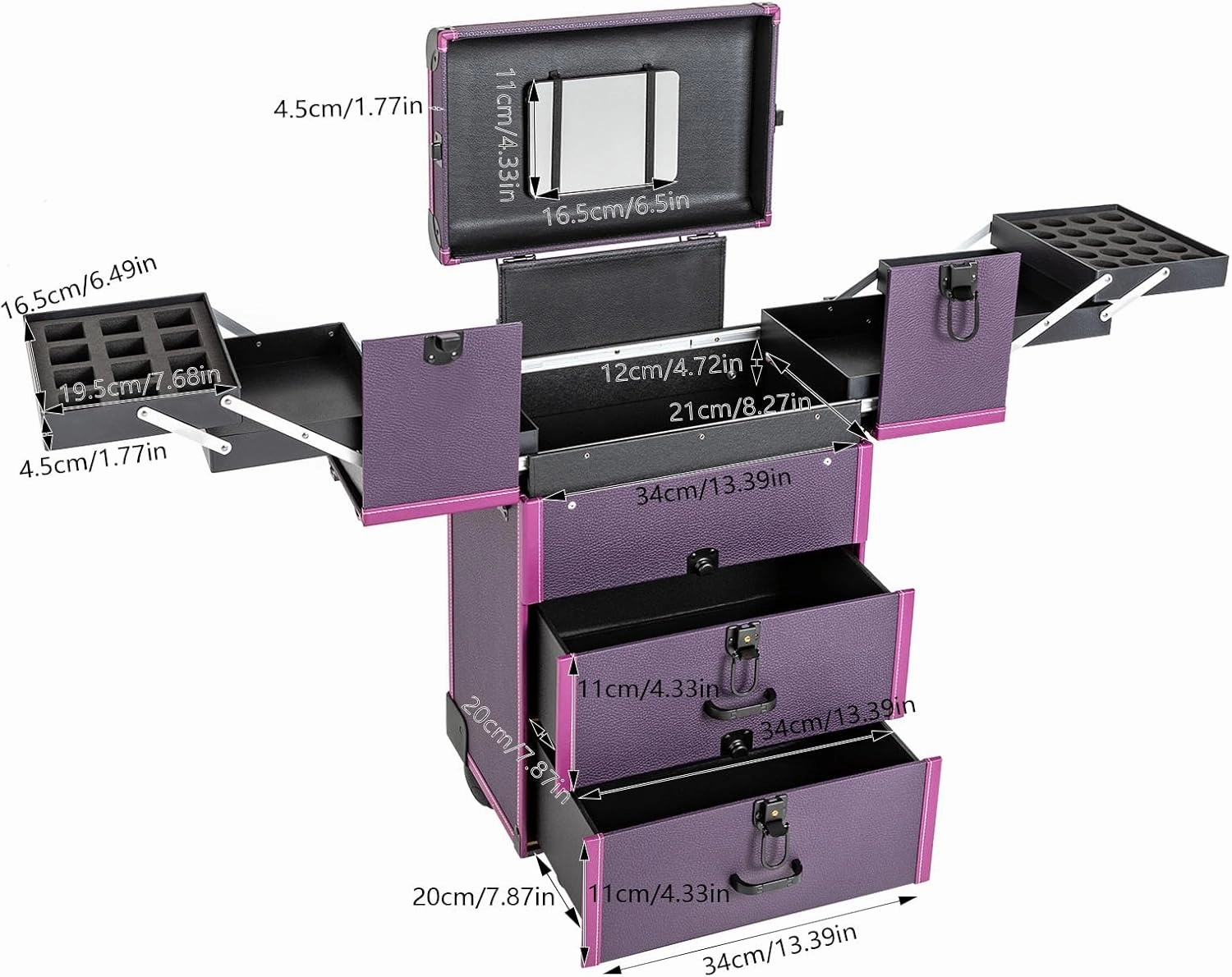DONSU 4 in 1 Portable Rolling Makeups Train Case,Salon Cosmetic Storage Organizer w/Mirror,Travel Trolley Organizer Box for Makeup Artists, Hairdressers, Beauticians (Purple)
