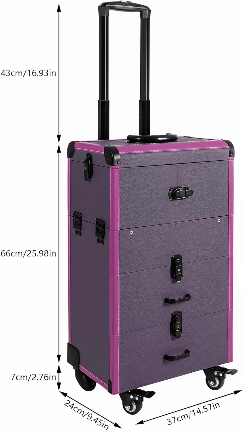 DONSU 4 in 1 Portable Rolling Makeups Train Case,Salon Cosmetic Storage Organizer w/Mirror,Travel Trolley Organizer Box for Makeup Artists, Hairdressers, Beauticians (Purple)