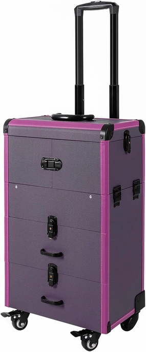 DONSU 4 in 1 Portable Rolling Makeups Train Case,Salon Cosmetic Storage Organizer w/Mirror,Travel Trolley Organizer Box for Makeup Artists, Hairdressers, Beauticians (Purple)