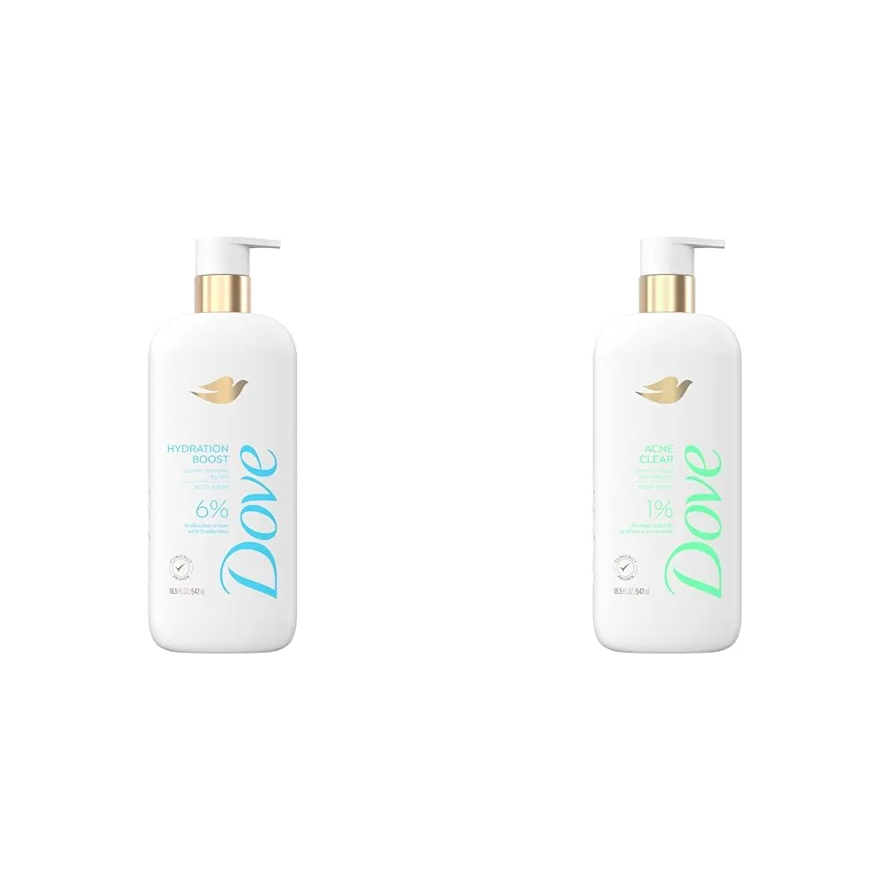 Dove Body Wash Hydration Boost 6% Serum   Acne Clear 1% Salicylic Acid Treatments 18.5 oz Each