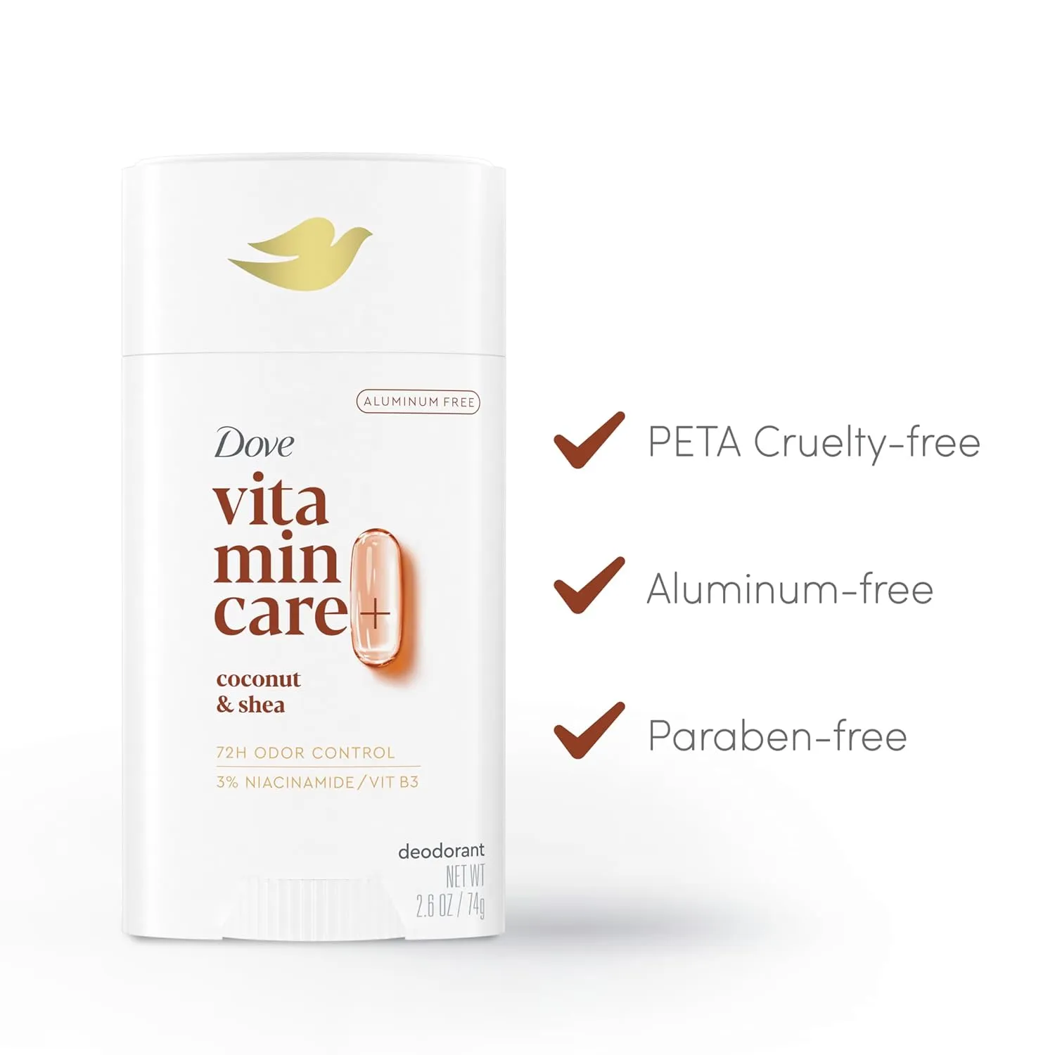 Dove VitaminCare  Aluminum Free Deodorant Stick for 72H Odor Protection Coconut & Shea Breathable Deodorant for Women 2.6 oz