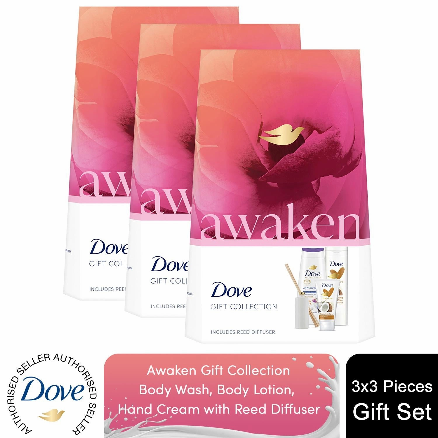 Dove Awaken Gift Collection 3 Pieces Gift Set for Her with Reed Diffuser