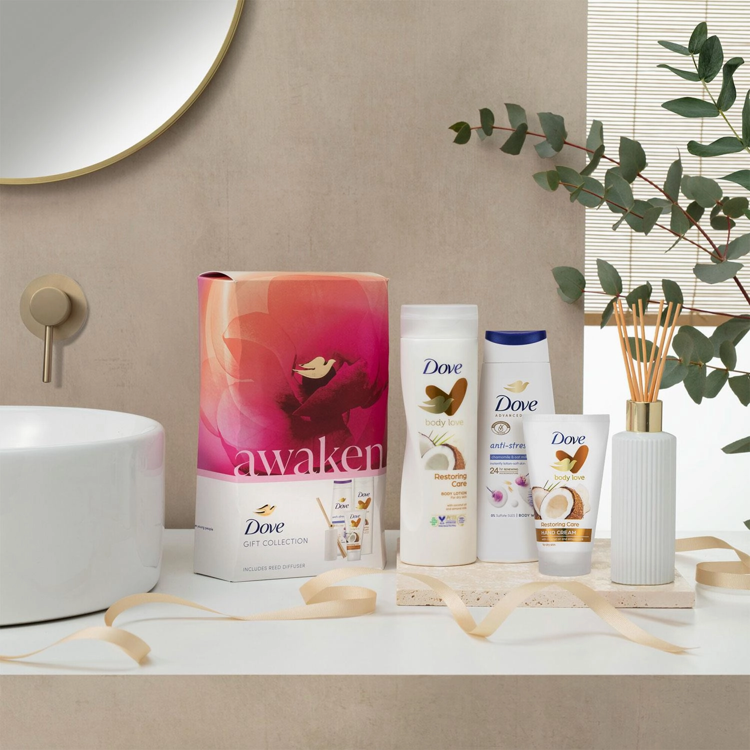 Dove Awaken Gift Collection 3 Pieces Gift Set for Her with Reed Diffuser