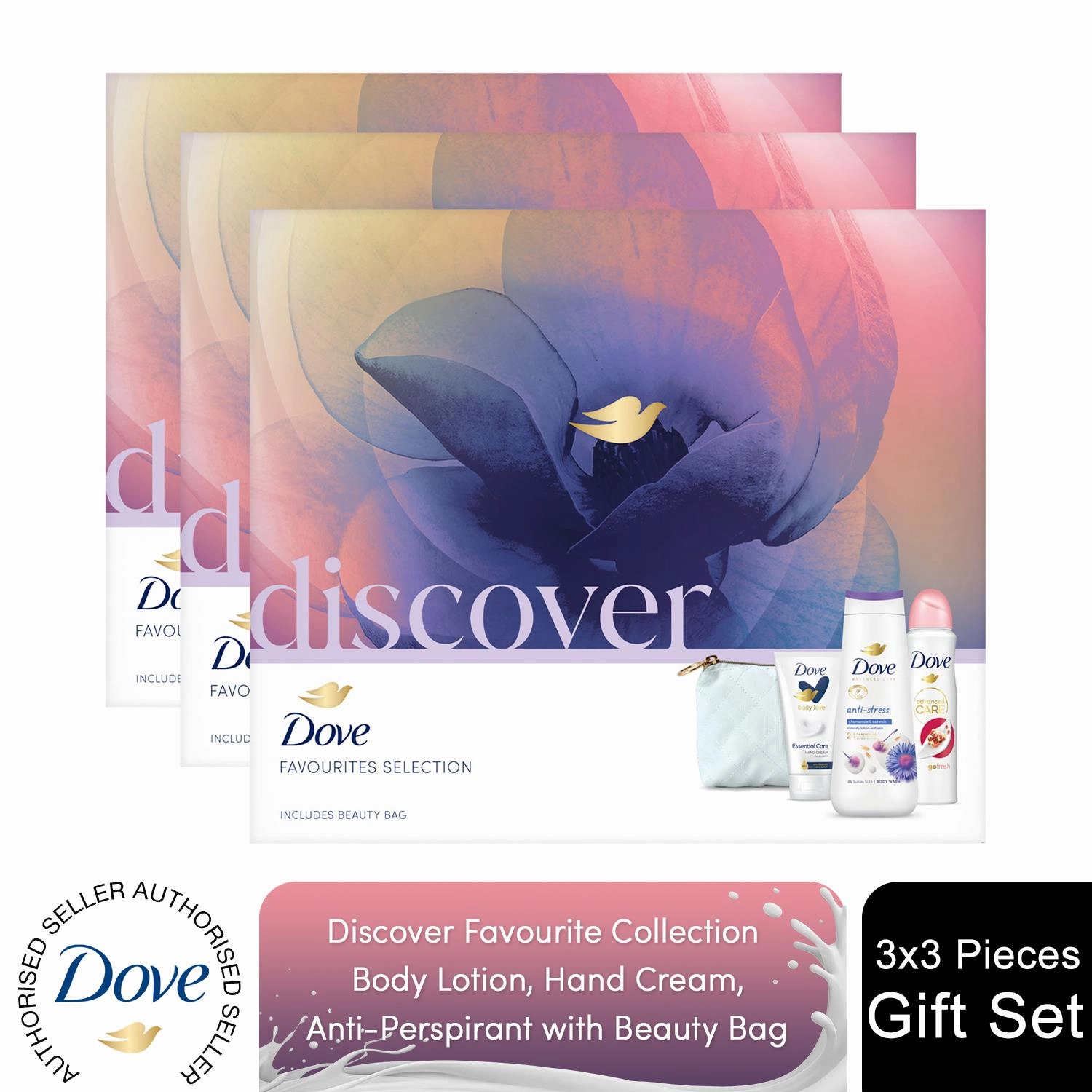 Dove Discover Favourites Selection 3 Pieces Gift Set for Her with Beauty Bag