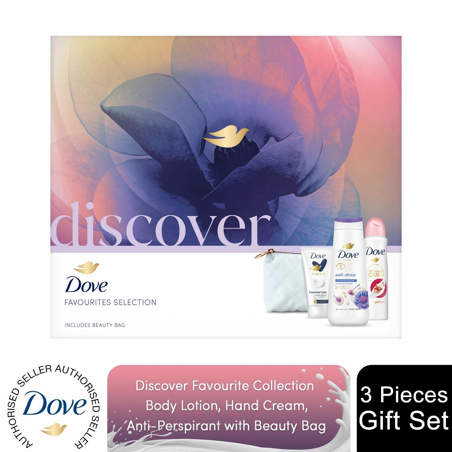 Dove Discover Favourites Selection 3 Pieces Gift Set for Her with Beauty Bag