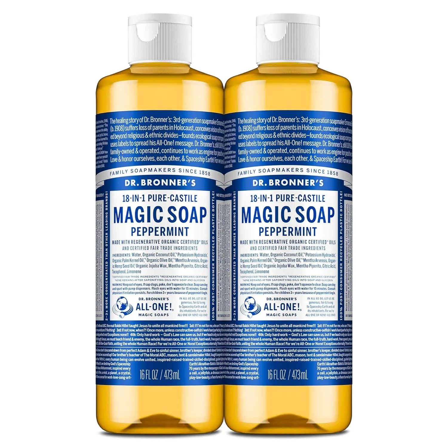Dr. Bronner's Magic Soap-Pure-Castile Liquid Soap (Peppermint, 16 ounce, 2-Pack)-Regenerative Organic Certified Oils, 18-in-1 Uses: Body, Hair, Laundry, Pets & Dishes, Concentrated, Vegan, Non-GMO