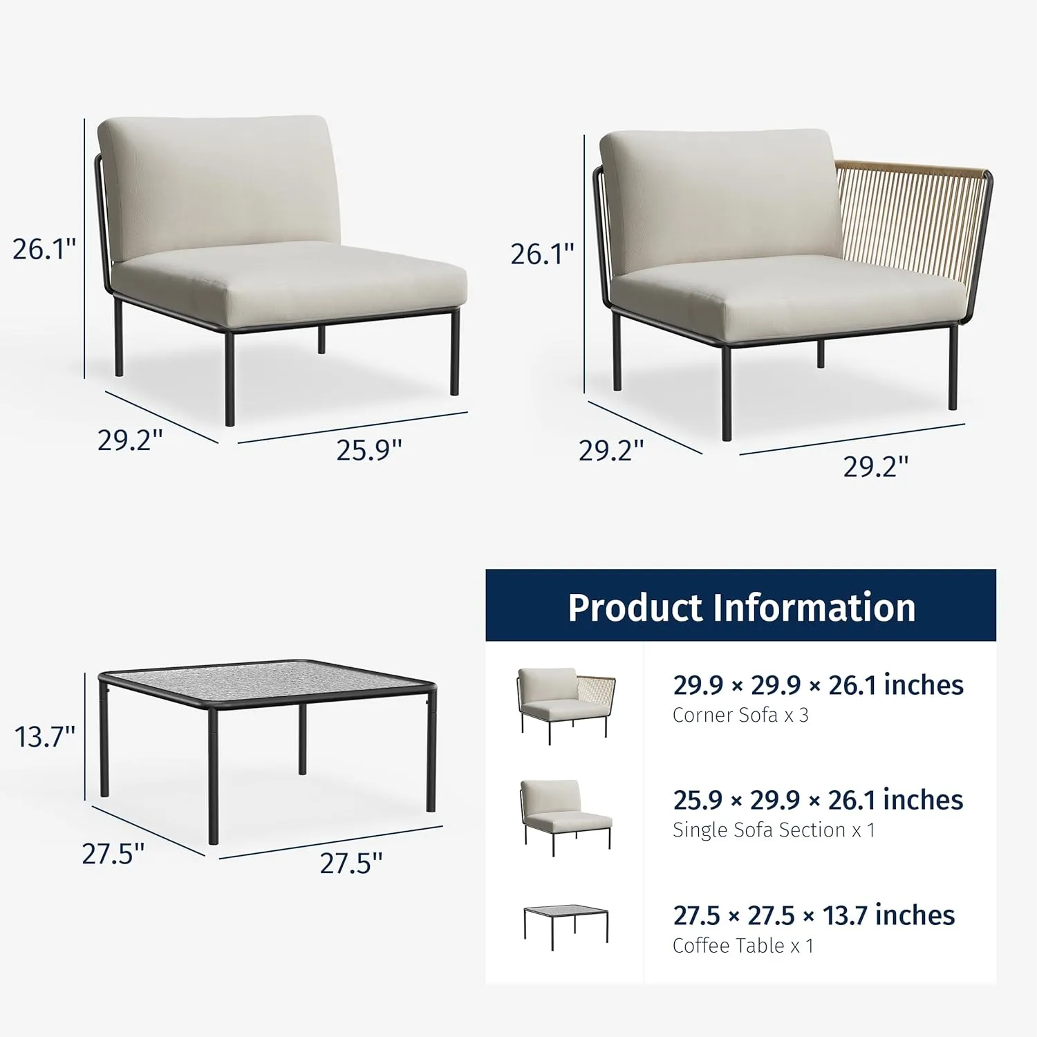 EAST OAK 5-Piece Montauk Modular Patio Furniture Set, Outdoor Corner Sofa with Cushion and Glass Coffee Table, Modern Patio Conversation Set for Garden, Backyard and Porch, Beige & Grey