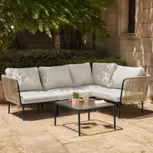 EAST OAK 5-Piece Montauk Modular Patio Furniture Set, Outdoor Corner Sofa with Cushion and Glass Coffee Table, Modern Patio Conversation Set for Garden, Backyard and Porch, Beige & Grey