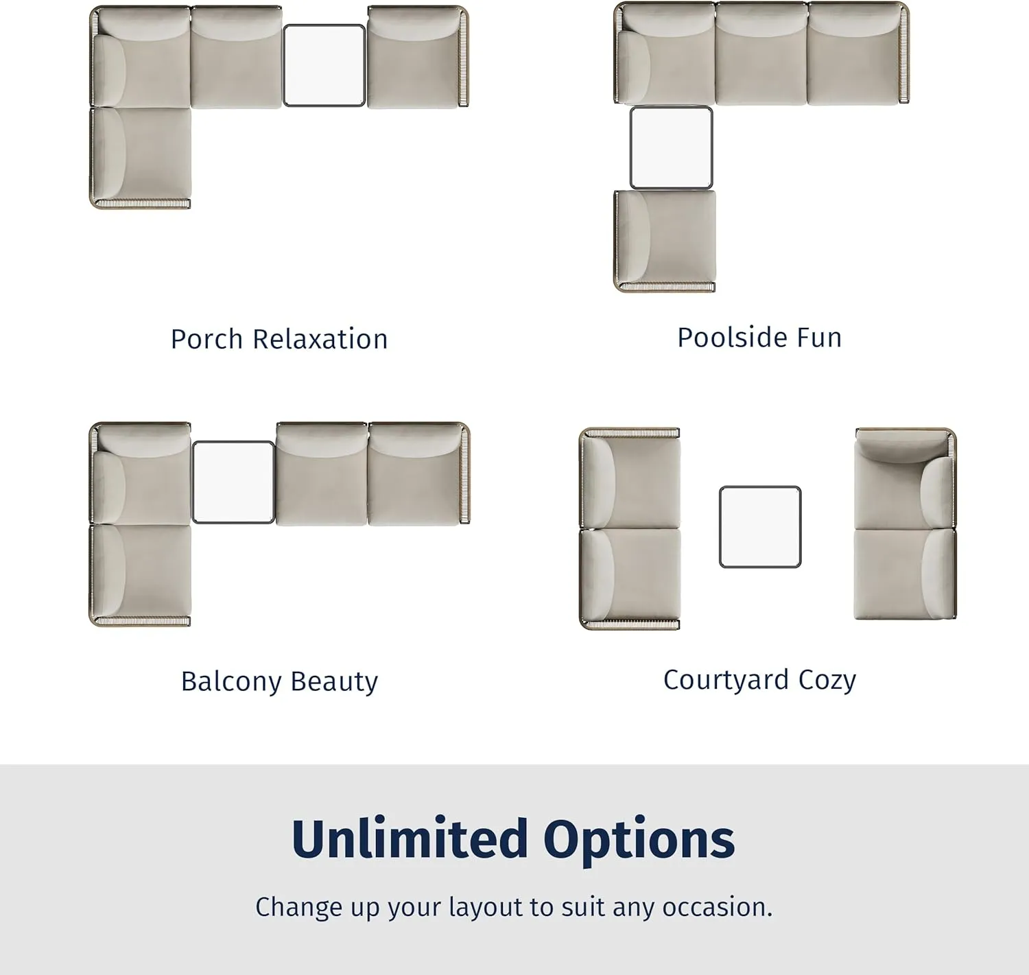 EAST OAK 5-Piece Montauk Modular Patio Furniture Set, Outdoor Corner Sofa with Cushion and Glass Coffee Table, Modern Patio Conversation Set for Garden, Backyard and Porch, Beige & Grey