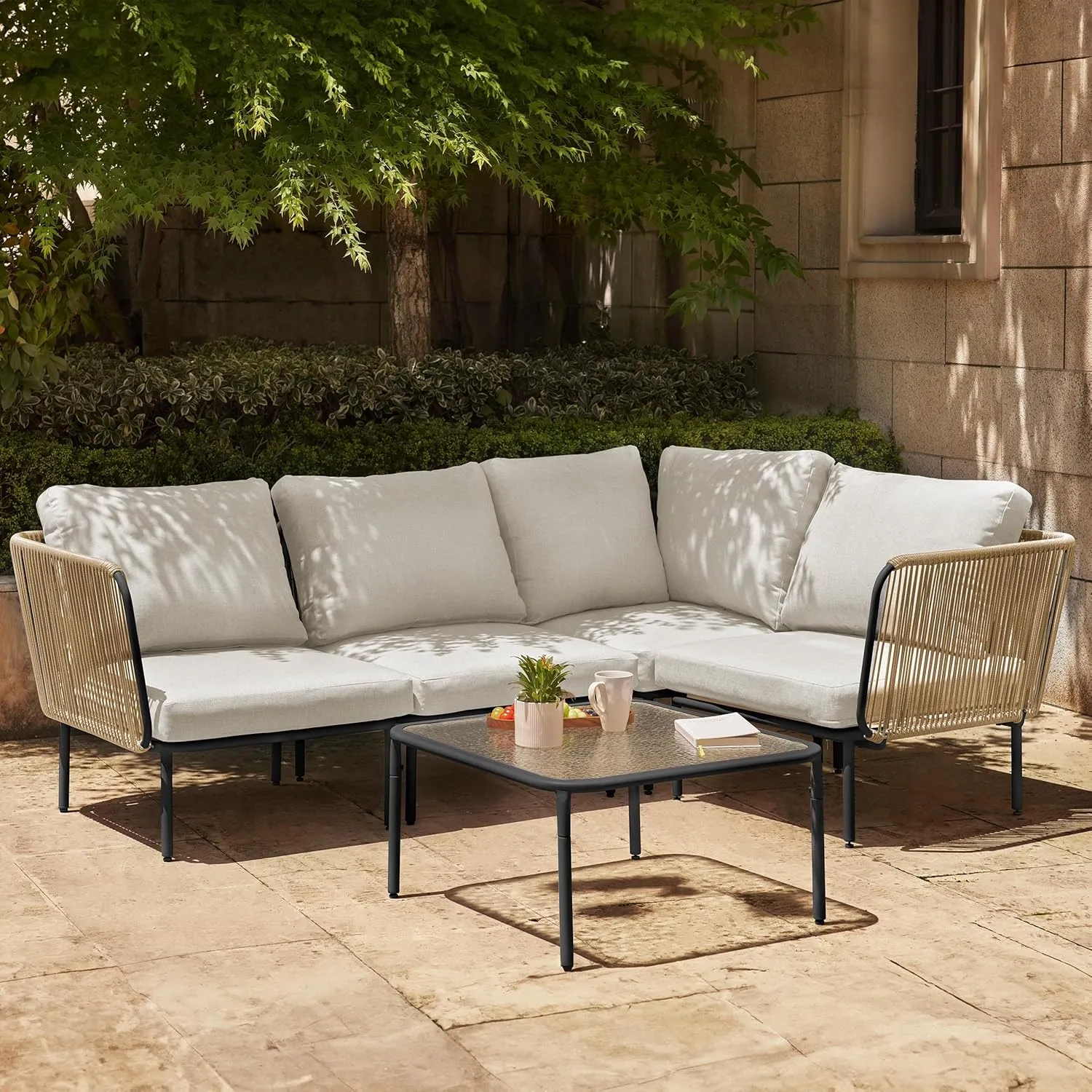 EAST OAK 5-Piece Montauk Modular Patio Furniture Set, Outdoor Corner Sofa with Cushion and Glass Coffee Table, Modern Patio Conversation Set for Garden, Backyard and Porch, Beige & Grey