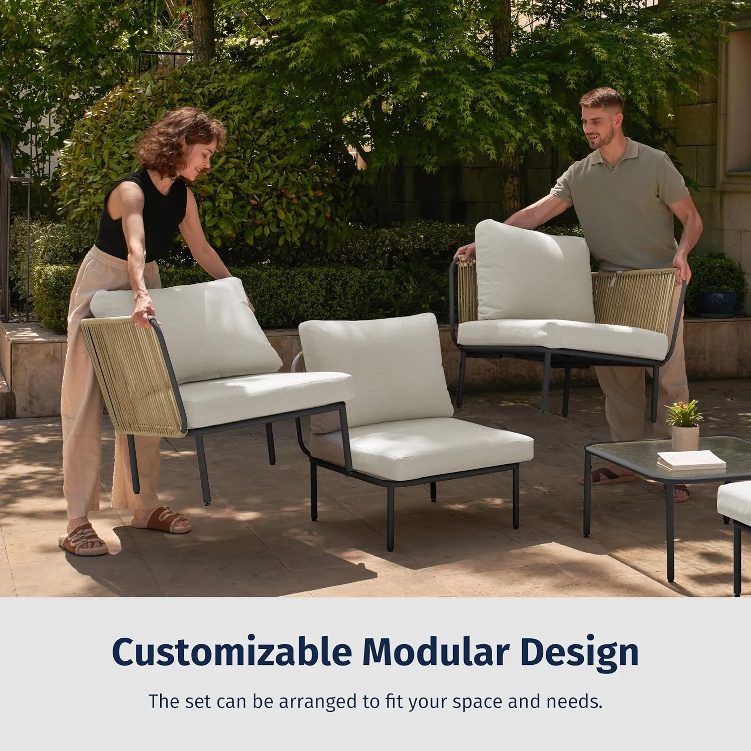 EAST OAK 5-Piece Montauk Modular Patio Furniture Set, Outdoor Corner Sofa with Cushion and Glass Coffee Table, Modern Patio Conversation Set for Garden, Backyard and Porch, Beige & Grey
