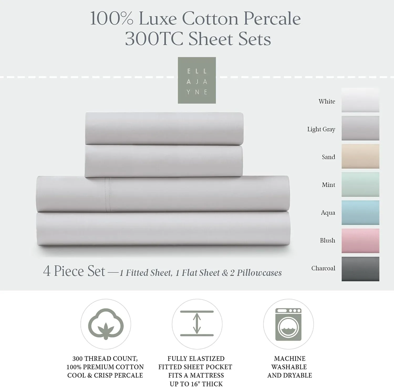 Ella Jayne Cotton Percale Sheets California King (4 Pieces) Permium 100% Cotton Percale TC300, Hotel Luxury Collection, Deep Pockets and Cooling California King Percale Sheets (Light Grey)