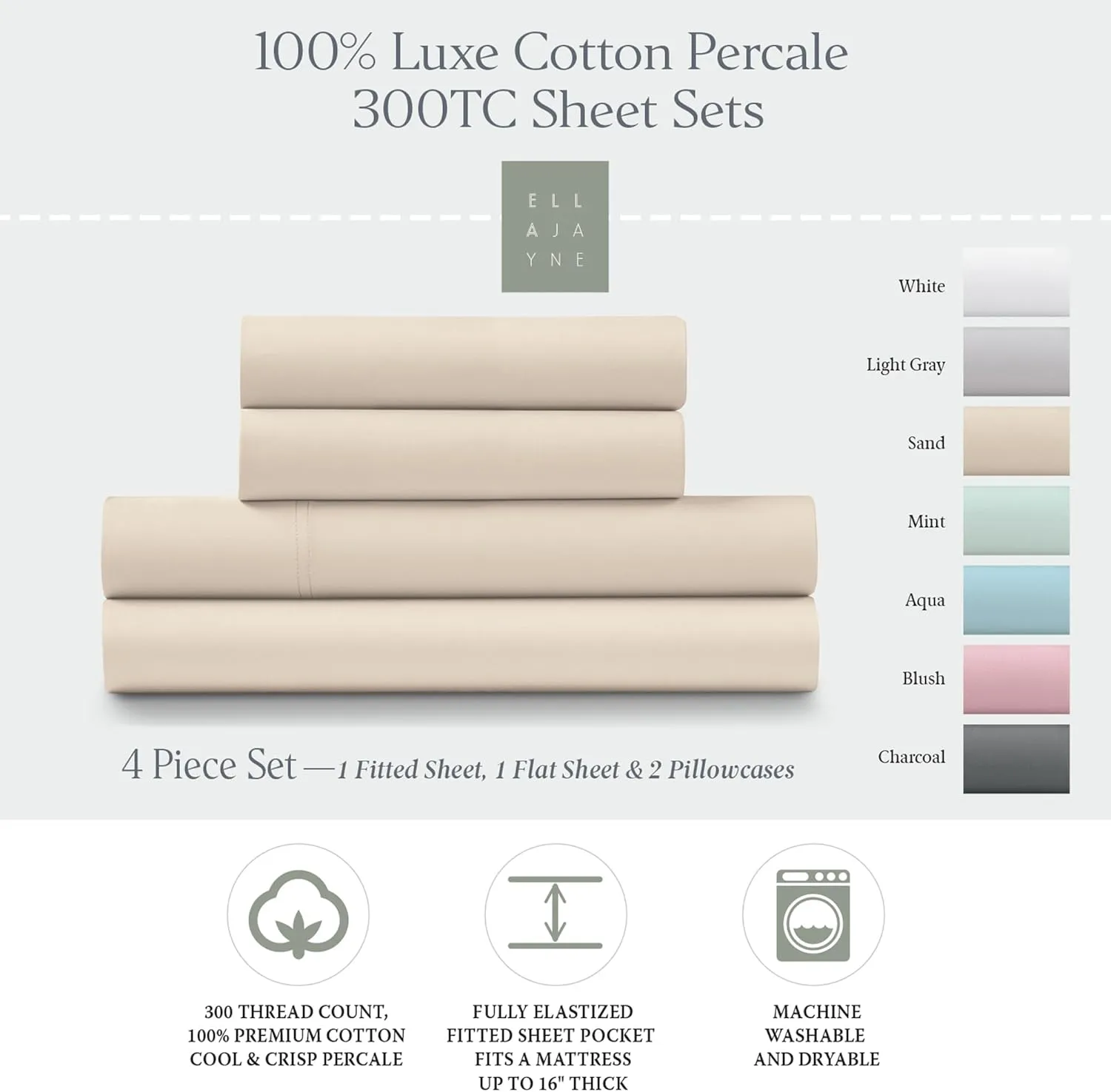Ella Jayne Cotton Percale Sheets California King (4 Pieces) Permium 100% Cotton Percale TC300, Hotel Luxury Collection, Deep Pockets and Cooling California King Percale Sheets (Sand)