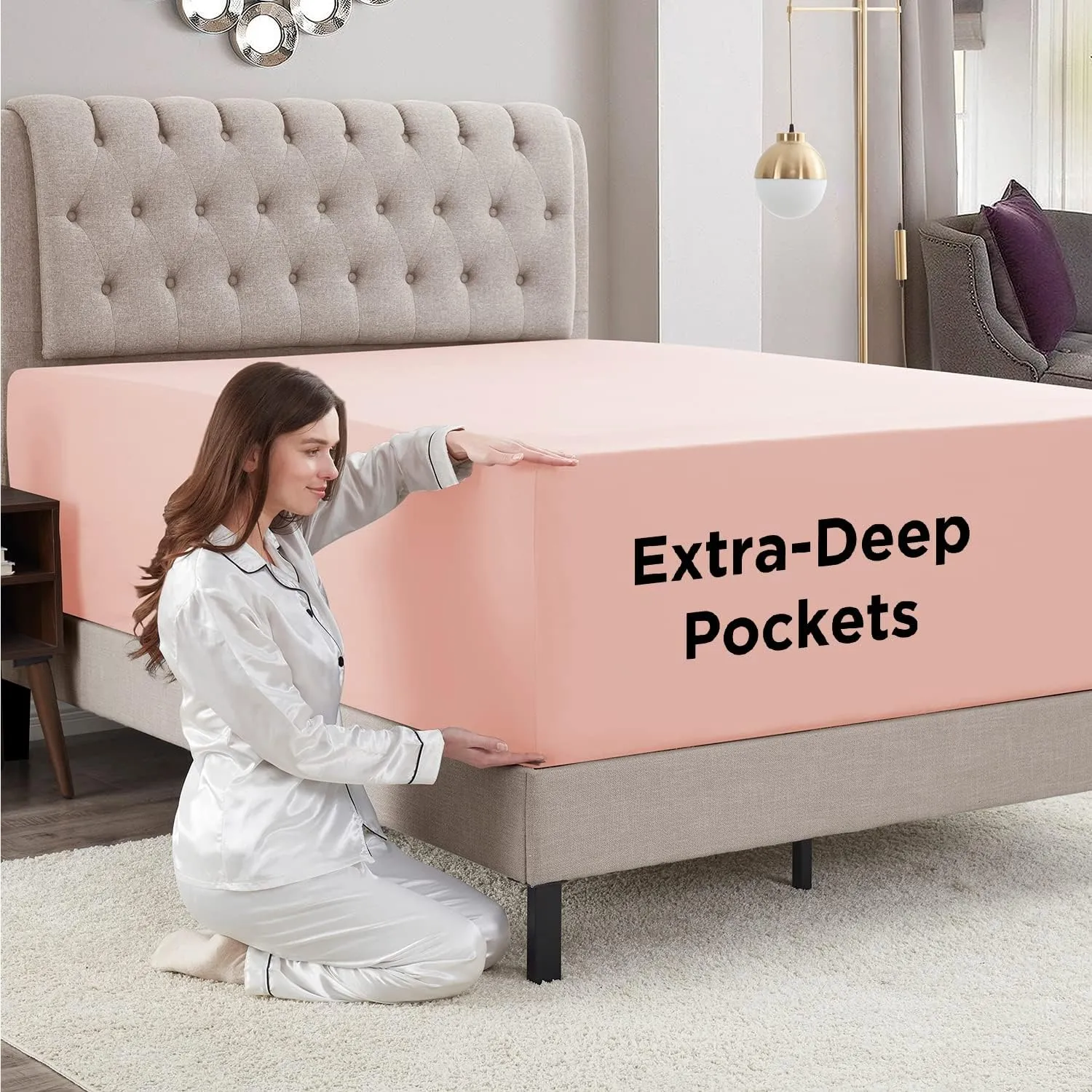 Empyrean Extra Deep Queen Fitted Sheet - Soft Microfiber 110 GSM, Deep Pocket, Corner Straps - Pale Blush