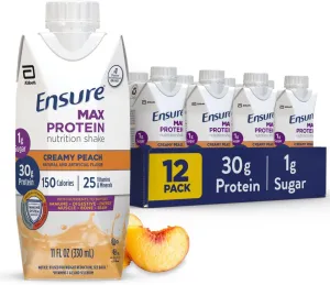 Ensure Max Protein Creamy Peach Nutrition Shake | 30g Protein, 1g Sugar, 4g Fiber Blend | 12 Pack