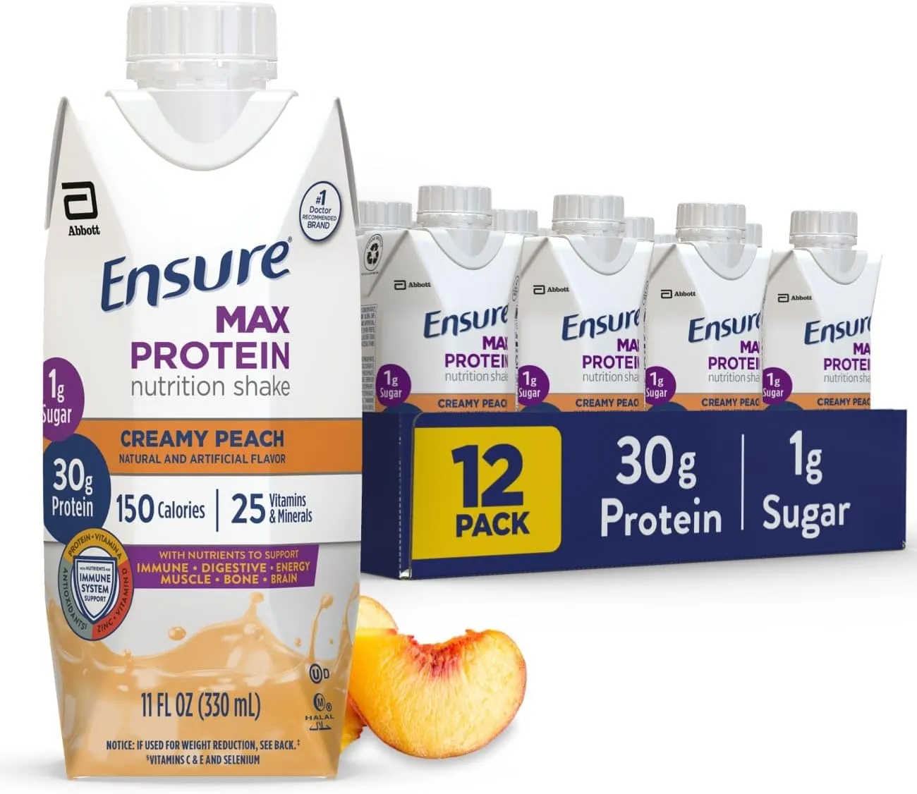 Ensure Max Protein Creamy Peach Nutrition Shake | 30g Protein, 1g Sugar, 4g Fiber Blend | 12 Pack