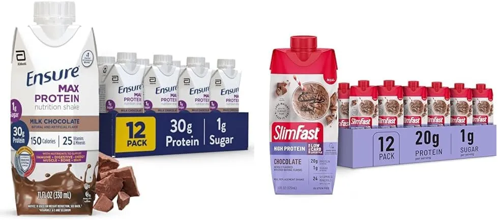 Ensure Max Protein Nutrition Shake 30g Protein 12 Pack   SlimFast High Protein Meal Replacement Shake Chocolate 20g Protein 24 Vitamins and Minerals 12 Pack