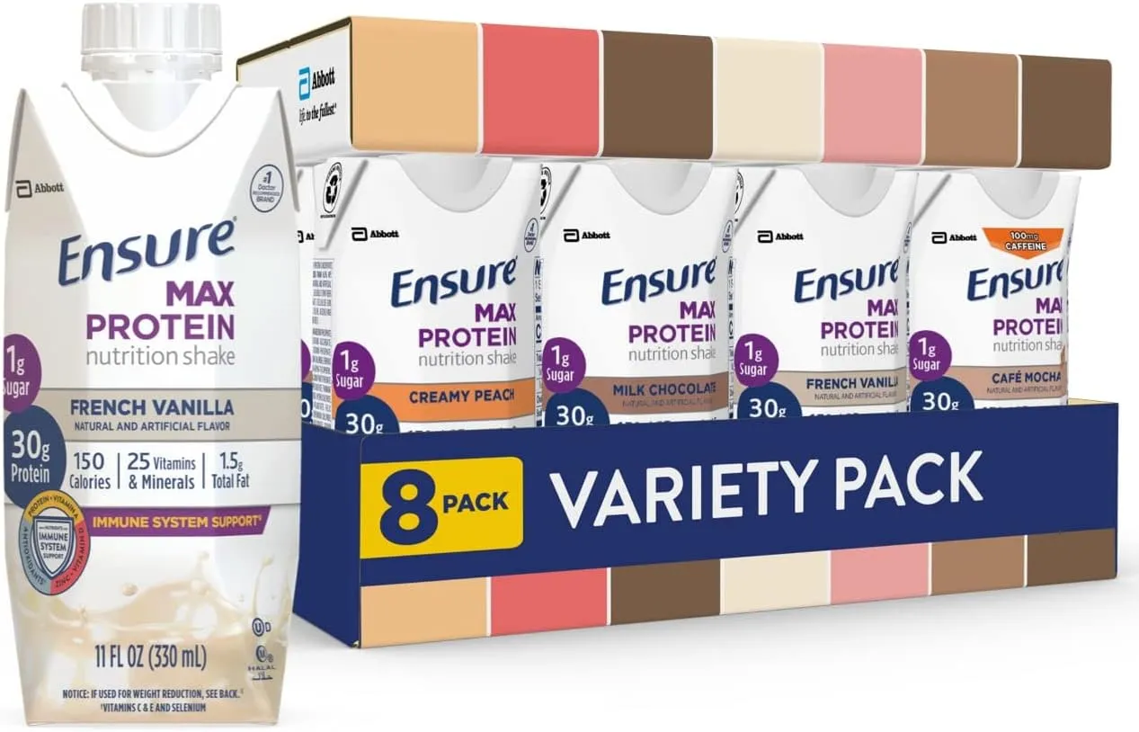 Ensure Max Protein Nutrition Shakes, Variety Pack, With 30g of Protein, 1g of Sugar, Nutrients to Support Immune System Health, High Protein Shake, 11 fl oz, Pack of 8, Liquid