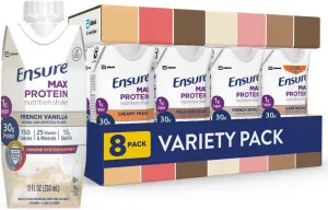 Ensure Max Protein Nutrition Shakes, Variety Pack, With 30g of Protein, 1g of Sugar, Nutrients to Support Immune System Health, High Protein Shake, 11 fl oz, Pack of 8, Liquid