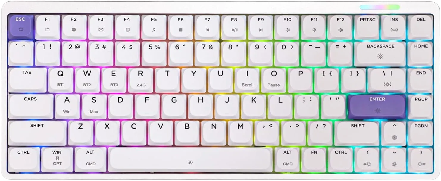 EPOMAKER Luma84 Low Profile Aluminum Mechanical Keyboard, QMK/VIA Programmable, Tri-Mode Wireless, Win/MAC/Linux Compatible, RGB Backlight (White&Purple, Gateron Low-Profile Red Switch)