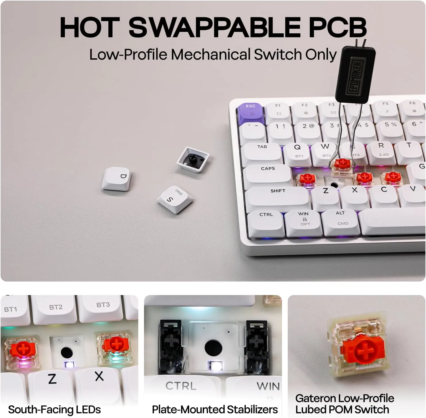 EPOMAKER Luma84 Low Profile Aluminum Mechanical Keyboard, QMK/VIA Programmable, Tri-Mode Wireless, Win/MAC/Linux Compatible, RGB Backlight (White&Purple, Gateron Low-Profile Red Switch)