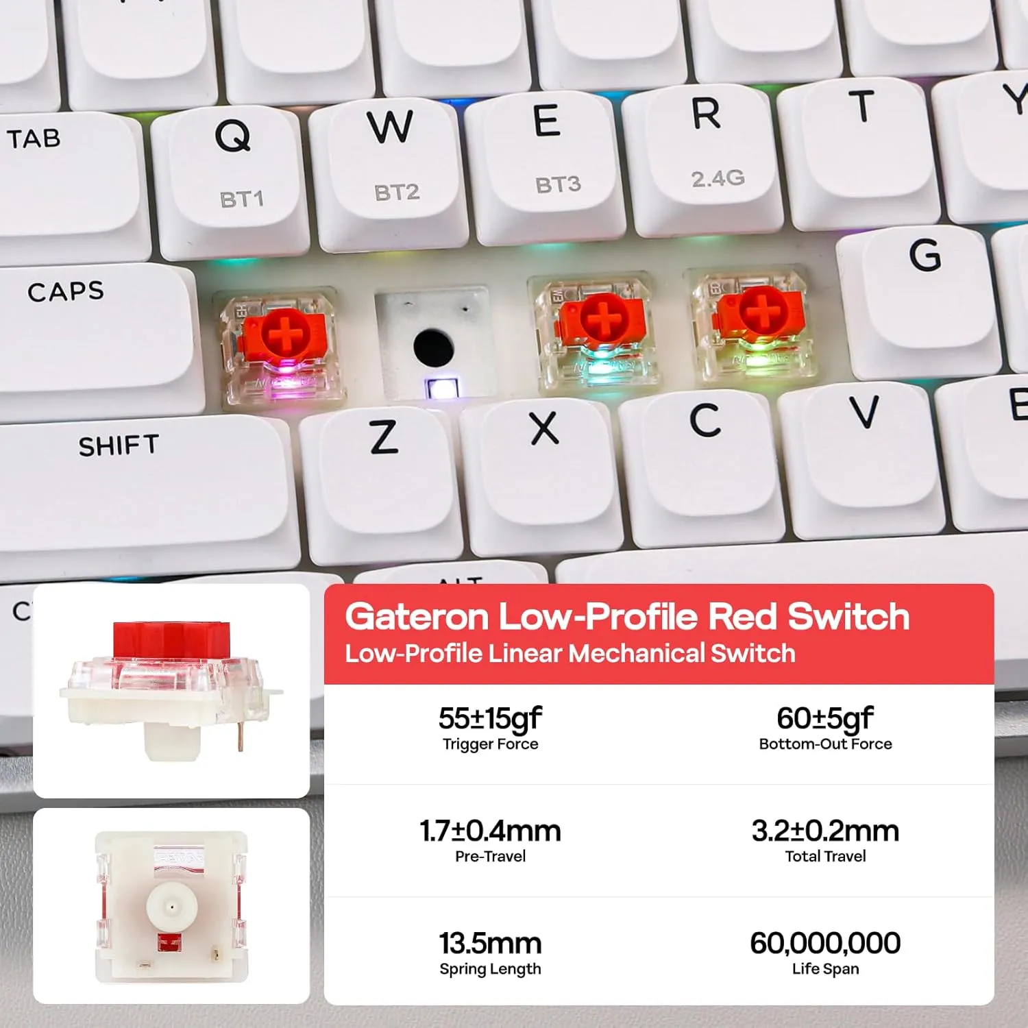 EPOMAKER Luma84 Low Profile Aluminum Mechanical Keyboard, QMK/VIA Programmable, Tri-Mode Wireless, Win/MAC/Linux Compatible, RGB Backlight (White&Purple, Gateron Low-Profile Red Switch)