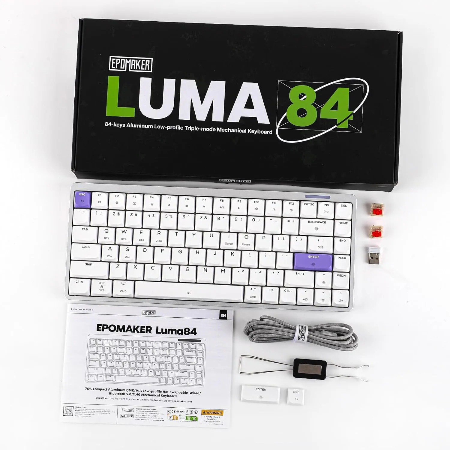 EPOMAKER Luma84 Low Profile Aluminum Mechanical Keyboard, QMK/VIA Programmable, Tri-Mode Wireless, Win/MAC/Linux Compatible, RGB Backlight (White&Purple, Gateron Low-Profile Red Switch)