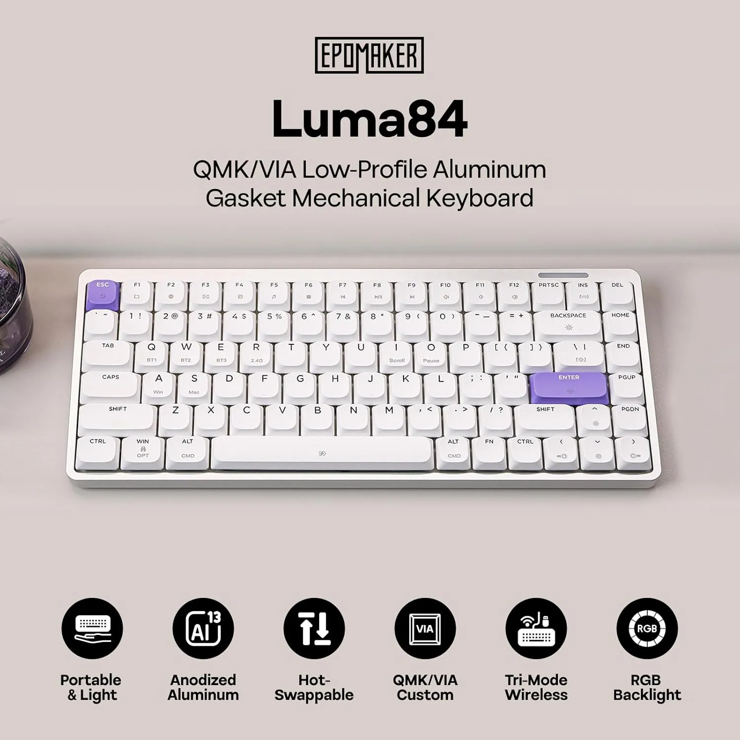 EPOMAKER Luma84 Low Profile Aluminum Mechanical Keyboard, QMK/VIA Programmable, Tri-Mode Wireless, Win/MAC/Linux Compatible, RGB Backlight (White&Purple, Gateron Low-Profile Red Switch)