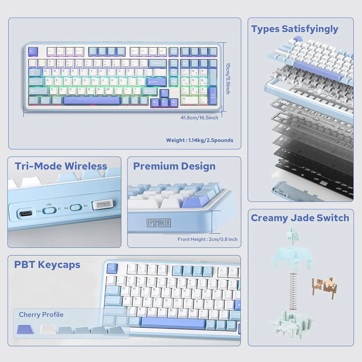 EPOMAKER TH99 Tri-Mode Wireless Mechanical Keyboard with 8000mAh Battery, Hot Swappable Custom RGB Gaming with Numpad, Gasket Creamy for PC/Mac/Office (Blue&White)