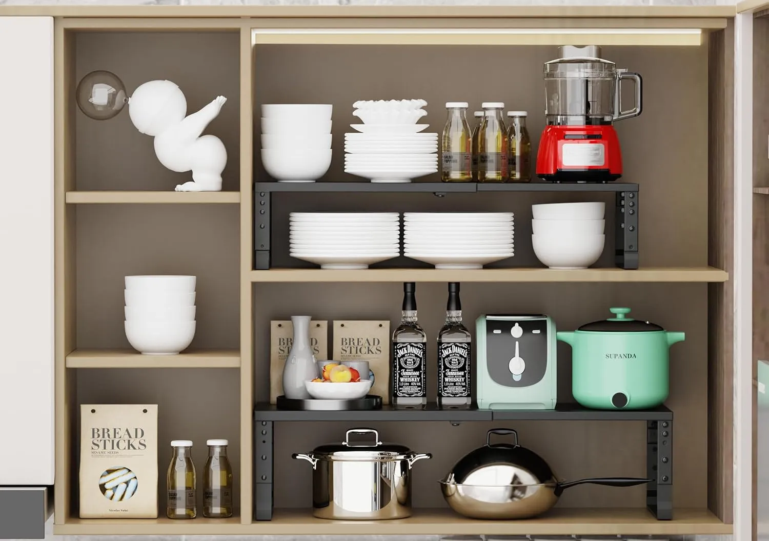 Expandable Stackable Spice Rack Organizer for Kitchen Cabinet,Adjustable Counter Shelf, countertop, Pantry,Cupboard,Bathroom,Bedroom(1Pack/Black/Large)