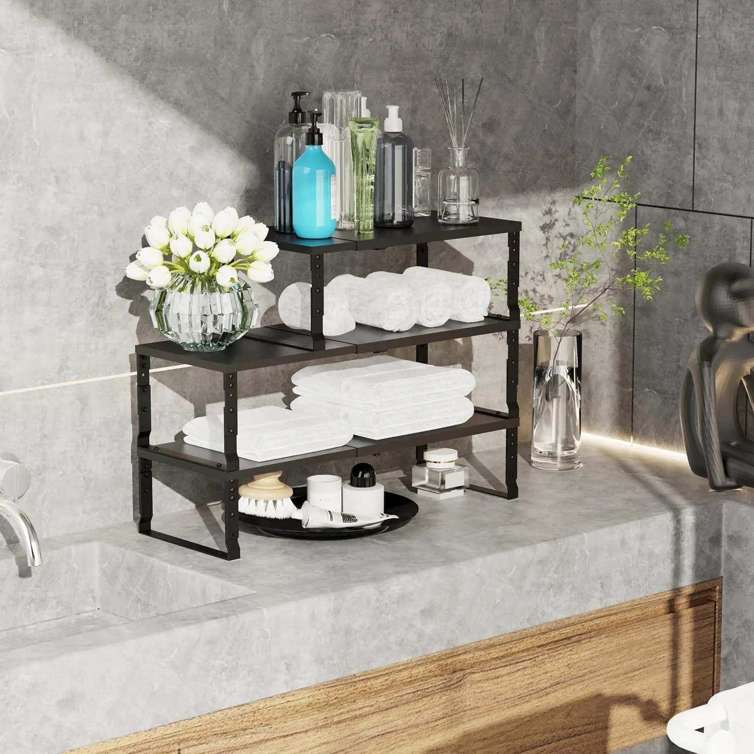 Expandable Stackable Spice Rack Organizer for Kitchen Cabinet,Adjustable Counter Shelf, countertop, Pantry,Cupboard,Bathroom,Bedroom(1Pack/Black/Large)