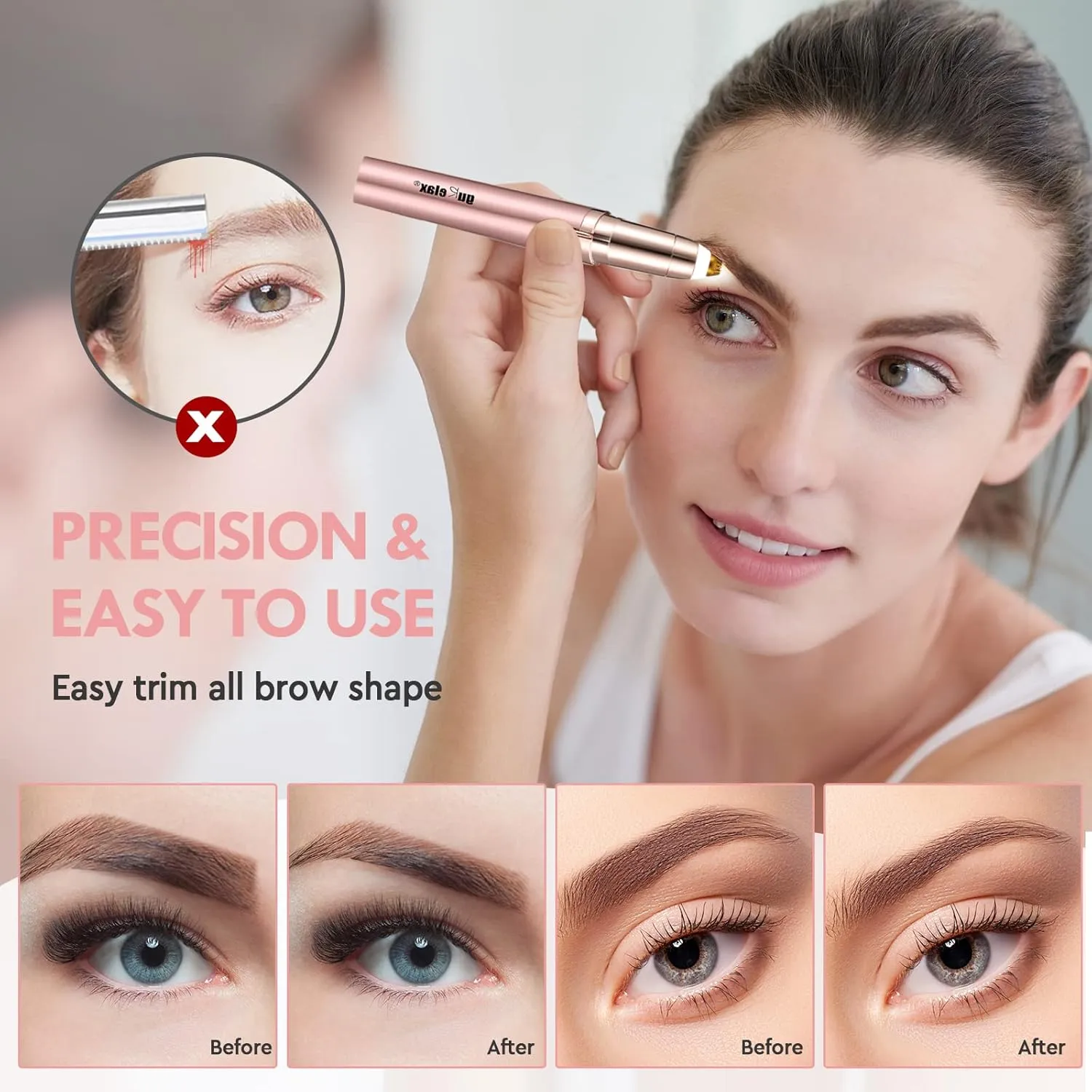 Eyebrow Trimmer for Women, Rechargeable Eyebrow Hair Remover, Painless Electric Razor with 2 x Replacement Heads, Eye Brow and Face Epilator Hair Removal (Rose Gold)