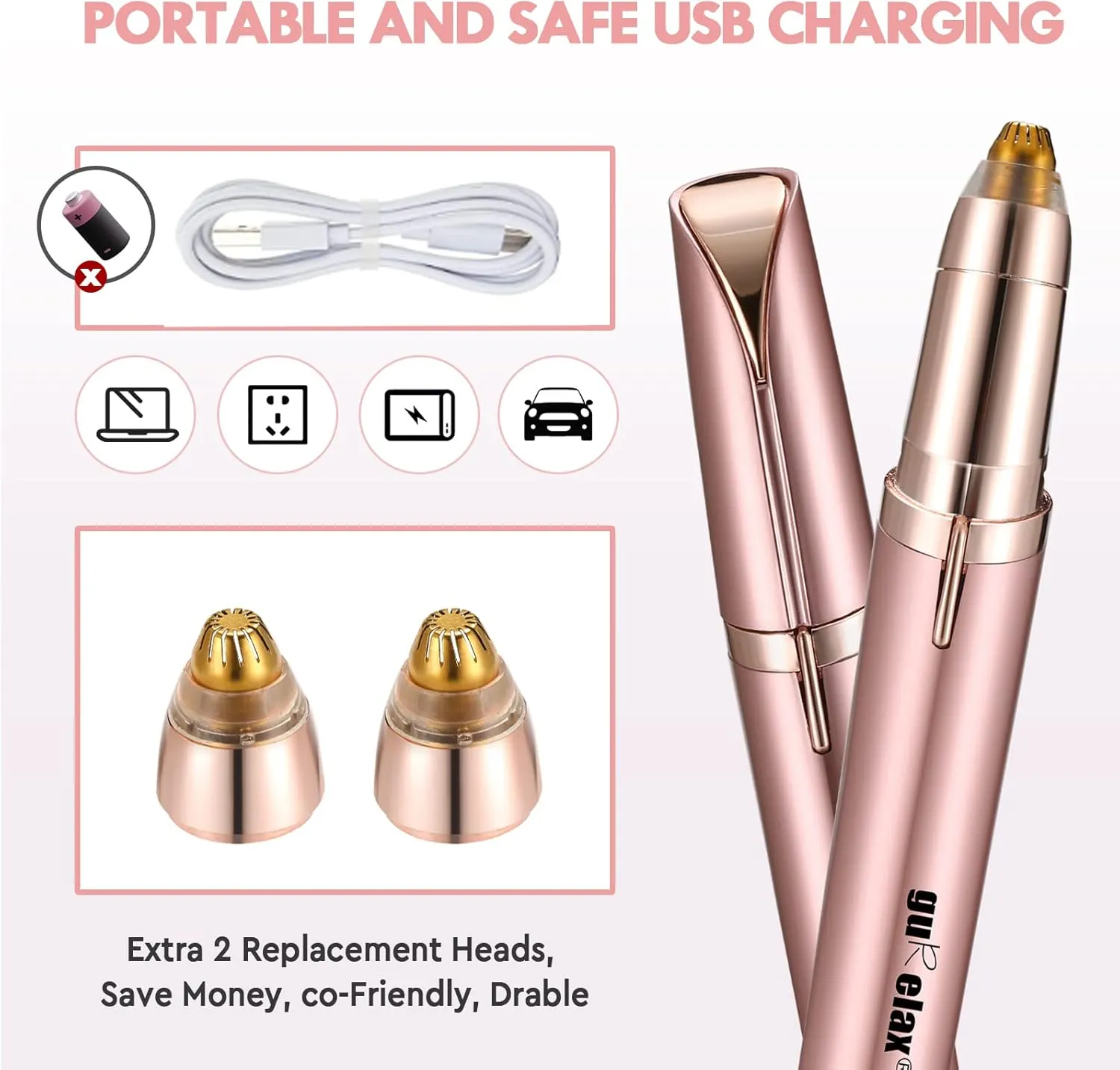 Eyebrow Trimmer for Women, Rechargeable Eyebrow Hair Remover, Painless Electric Razor with 2 x Replacement Heads, Eye Brow and Face Epilator Hair Removal (Rose Gold)
