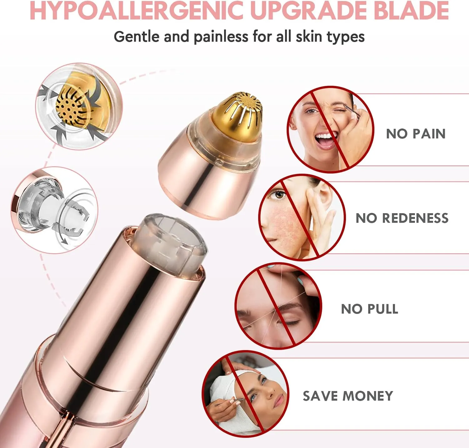Eyebrow Trimmer for Women, Rechargeable Eyebrow Hair Remover, Painless Electric Razor with 2 x Replacement Heads, Eye Brow and Face Epilator Hair Removal (Rose Gold)