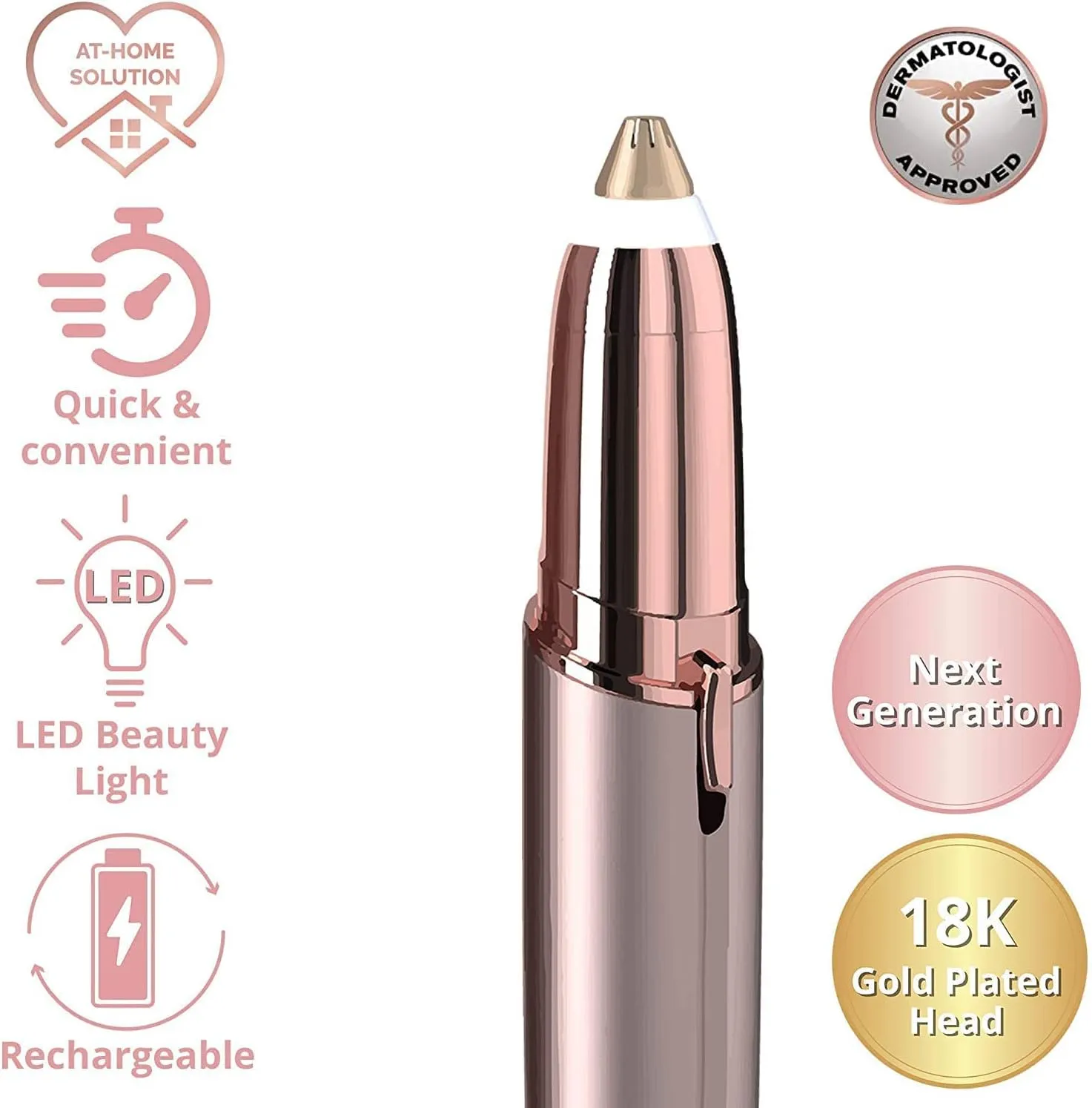 Eyebrow Trimmer for Women, Rechargeable Eyebrow Hair Remover, Painless Electric Razor with 2 x Replacement Heads, Eye Brow and Face Epilator Hair Removal (Rose Gold)