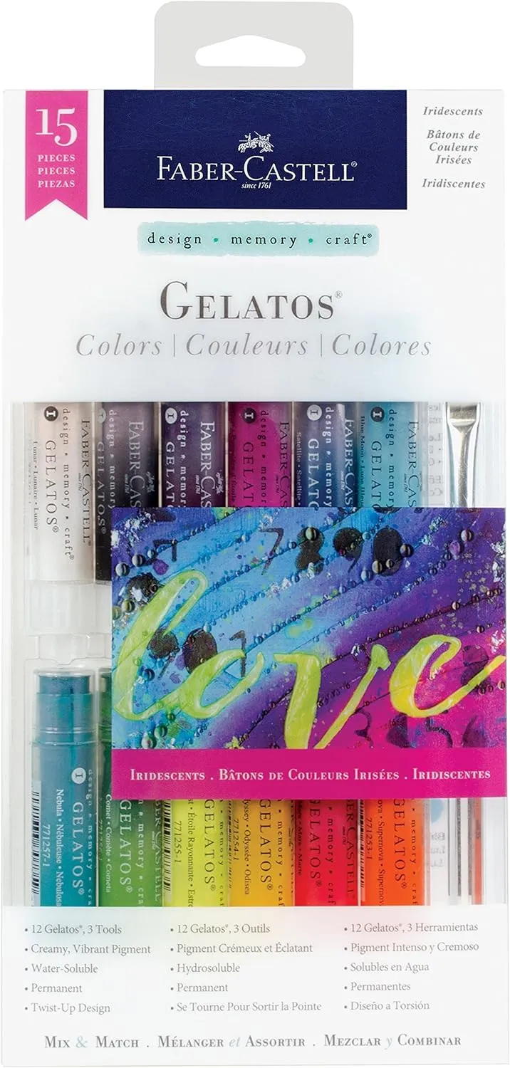 Faber-Castell Gelatos Colors Set, Iridescents - Water Soluble Pigment Crayons - 15 Iridescent Colors