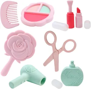 Fake Pretend Makeup Cosmetic Hair Salon Toys Set for Girls Toddlers, Meroqeel Children Silicone Cute Toy, Beauty Face Parlor Play Sets with Mirror for Kids
