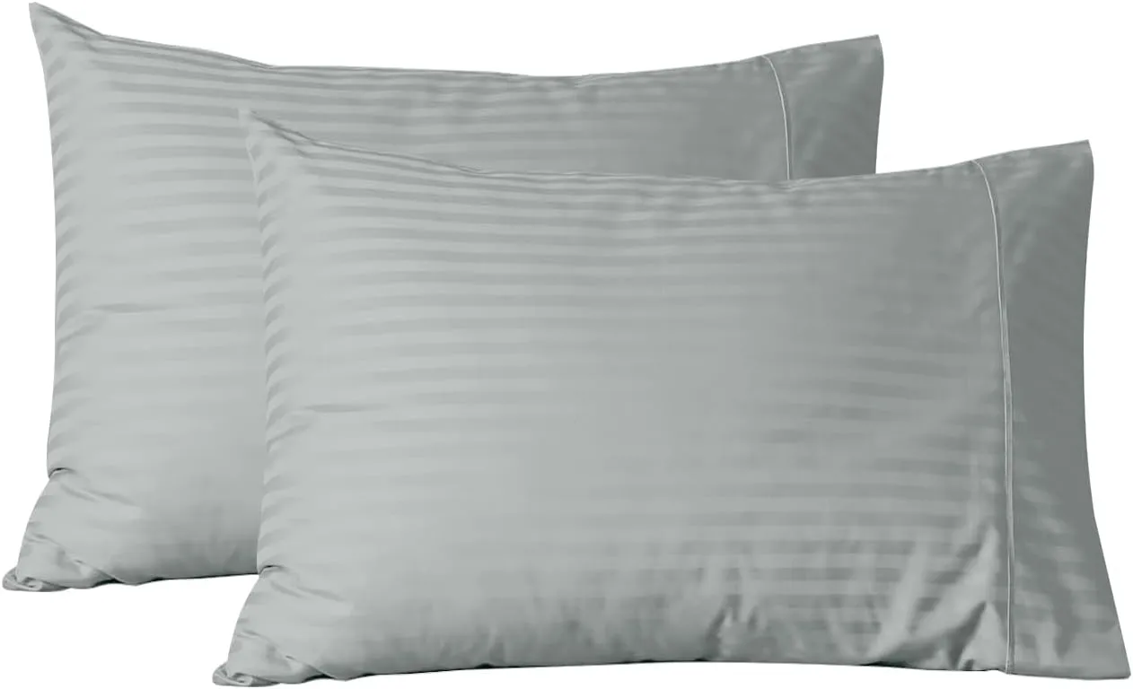 Feather & Stitch 100% Cotton Standard Pillow Covers Set of 2, 500TC Envelope Closure Pillowcases, Soft Luxury Damask Stripe Sateen Weave Pillow Case for Sleeping, 20x30 Inches - Blue Blush