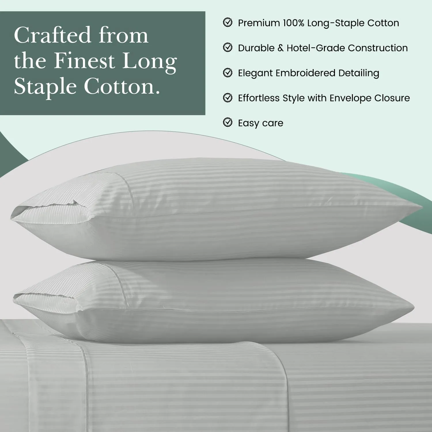 Feather & Stitch 100% Cotton Standard Pillow Covers Set of 2, 500TC Envelope Closure Pillowcases, Soft Luxury Damask Stripe Sateen Weave Pillow Case for Sleeping, 20x30 Inches - Blue Blush