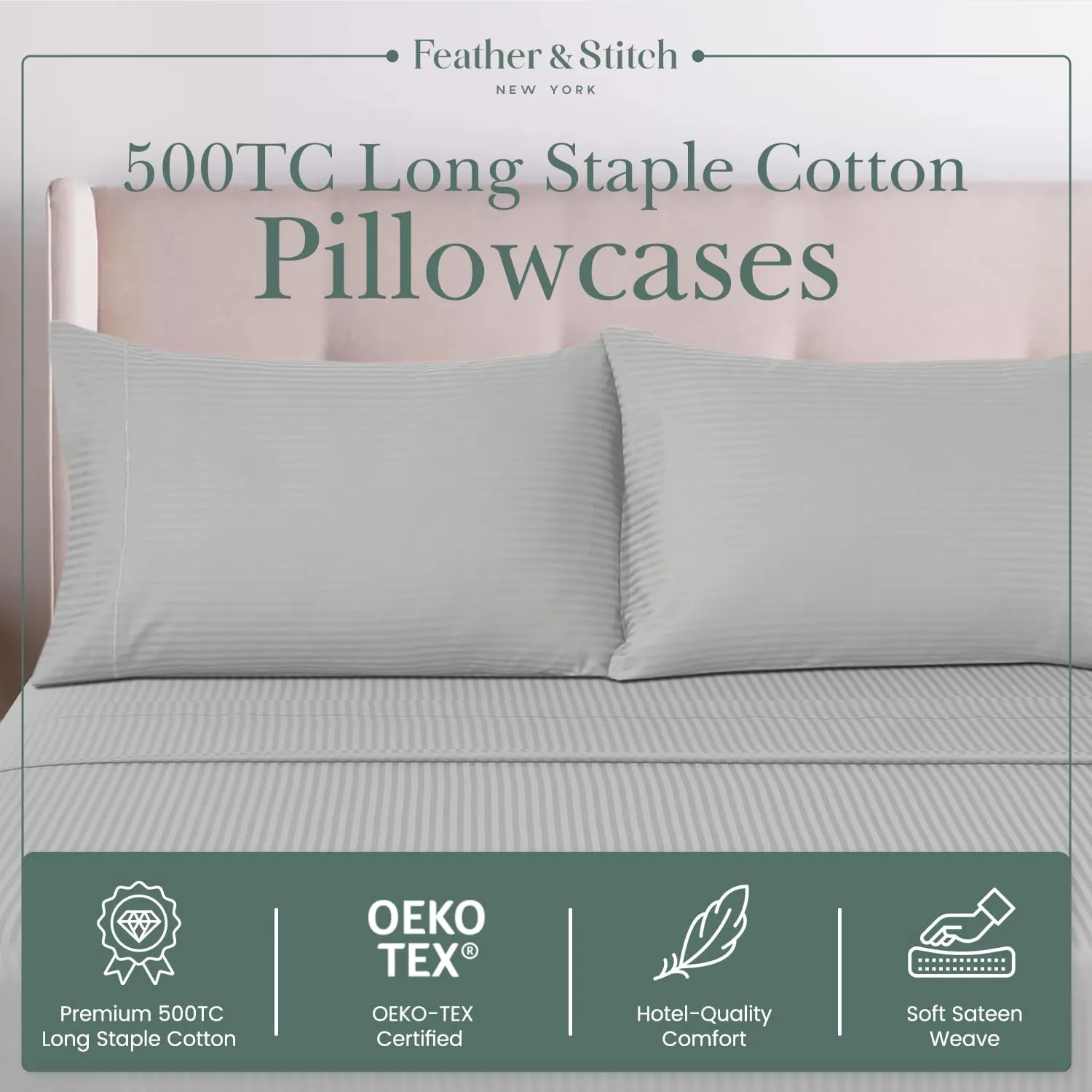Feather & Stitch 100% Cotton Standard Pillow Covers Set of 2, 500TC Envelope Closure Pillowcases, Soft Luxury Damask Stripe Sateen Weave Pillow Case for Sleeping, 20x30 Inches - Blue Blush