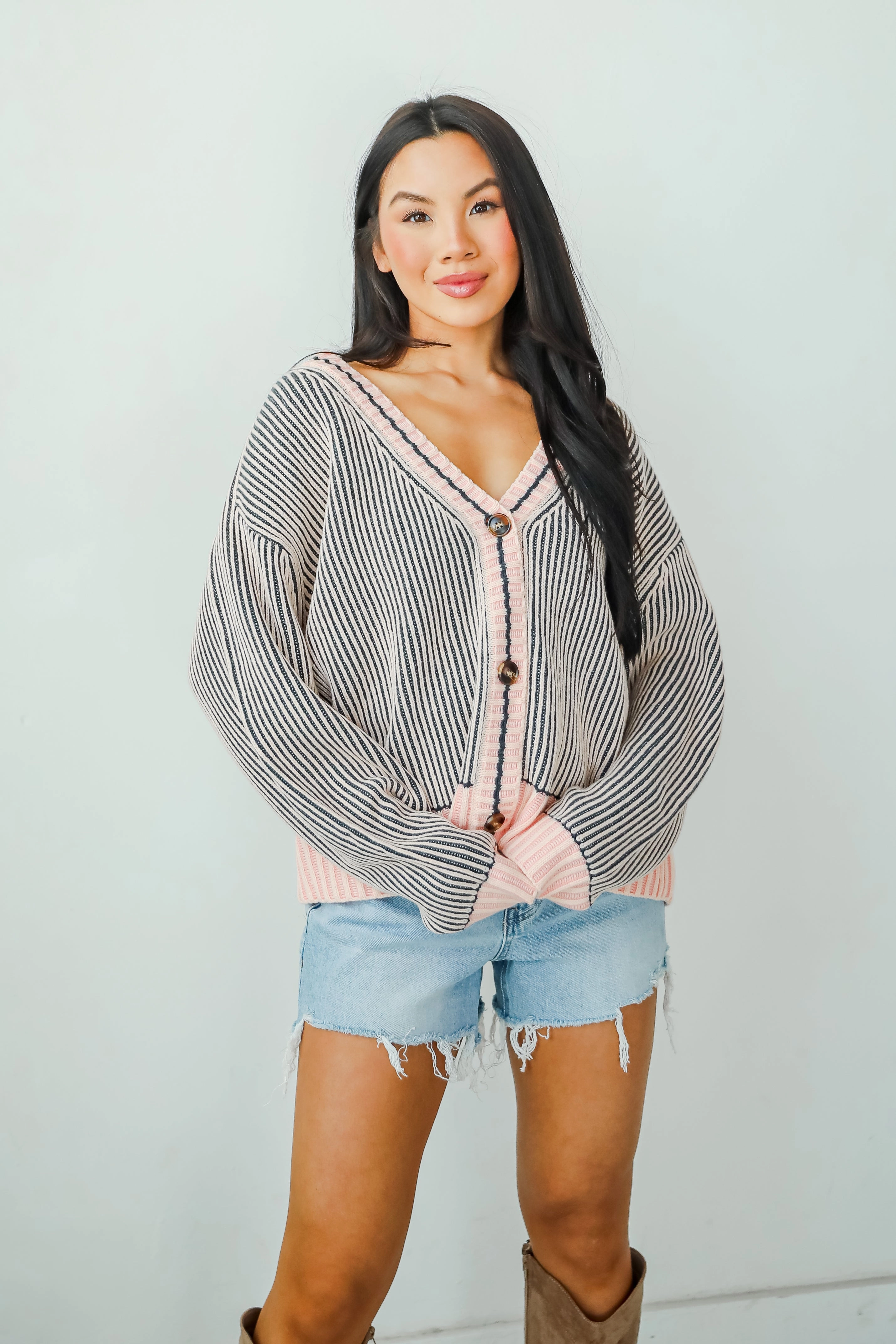 FINAL SALE - Cozy Expert Blush Striped Sweater Cardigan