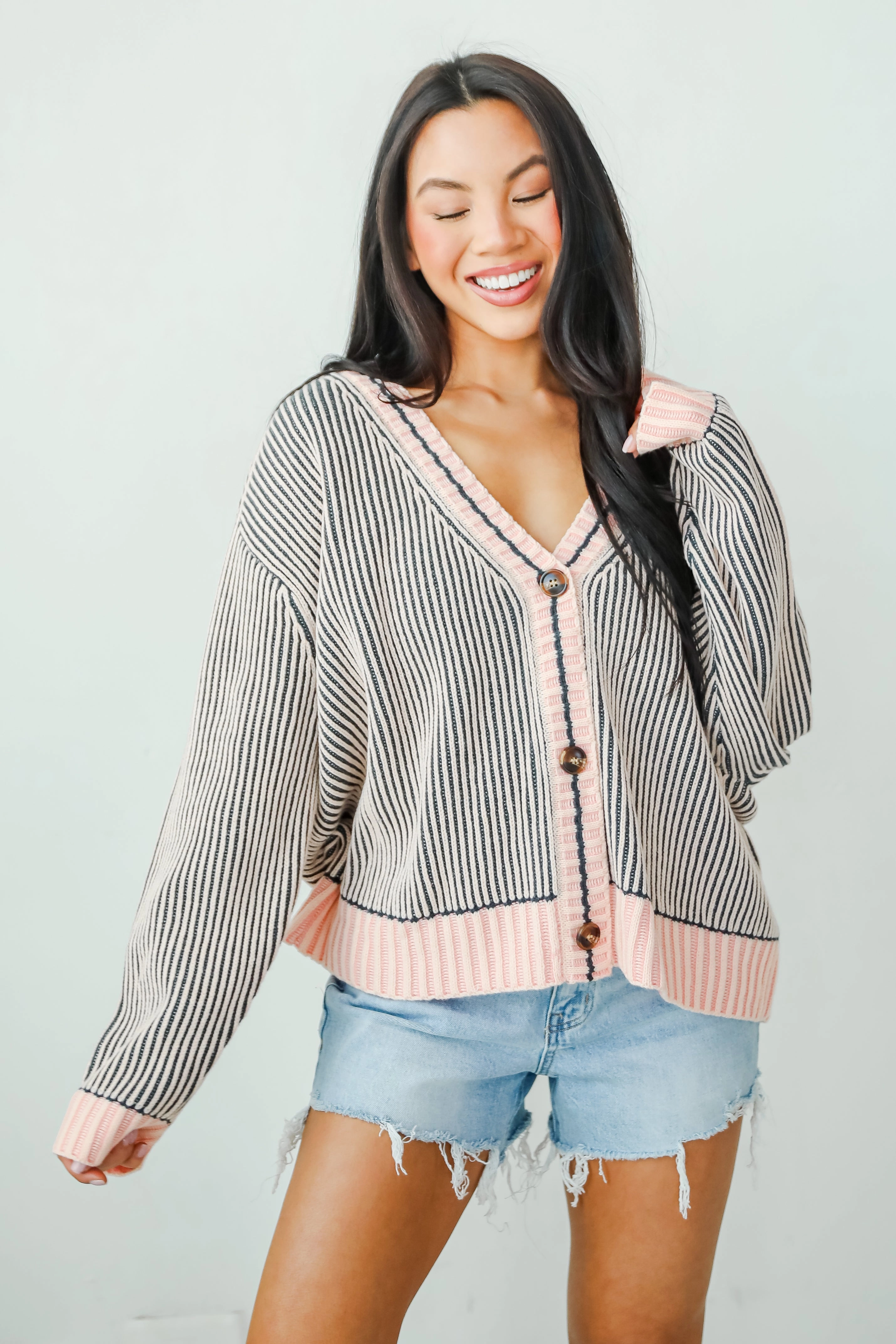 FINAL SALE - Cozy Expert Blush Striped Sweater Cardigan