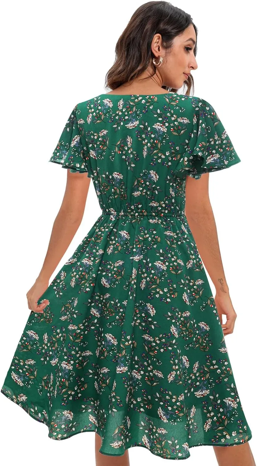 Gardenwed Chiffon Floral Dresses Summer Sun Beach Dresses for Women with Elastic Waist